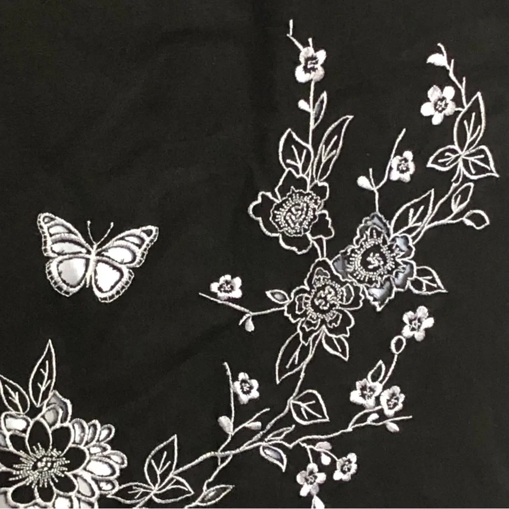 Women’s Linen Blend Classic Black Dress Embroidery Short Sleeve Lined Si… - Picture 5 of 9